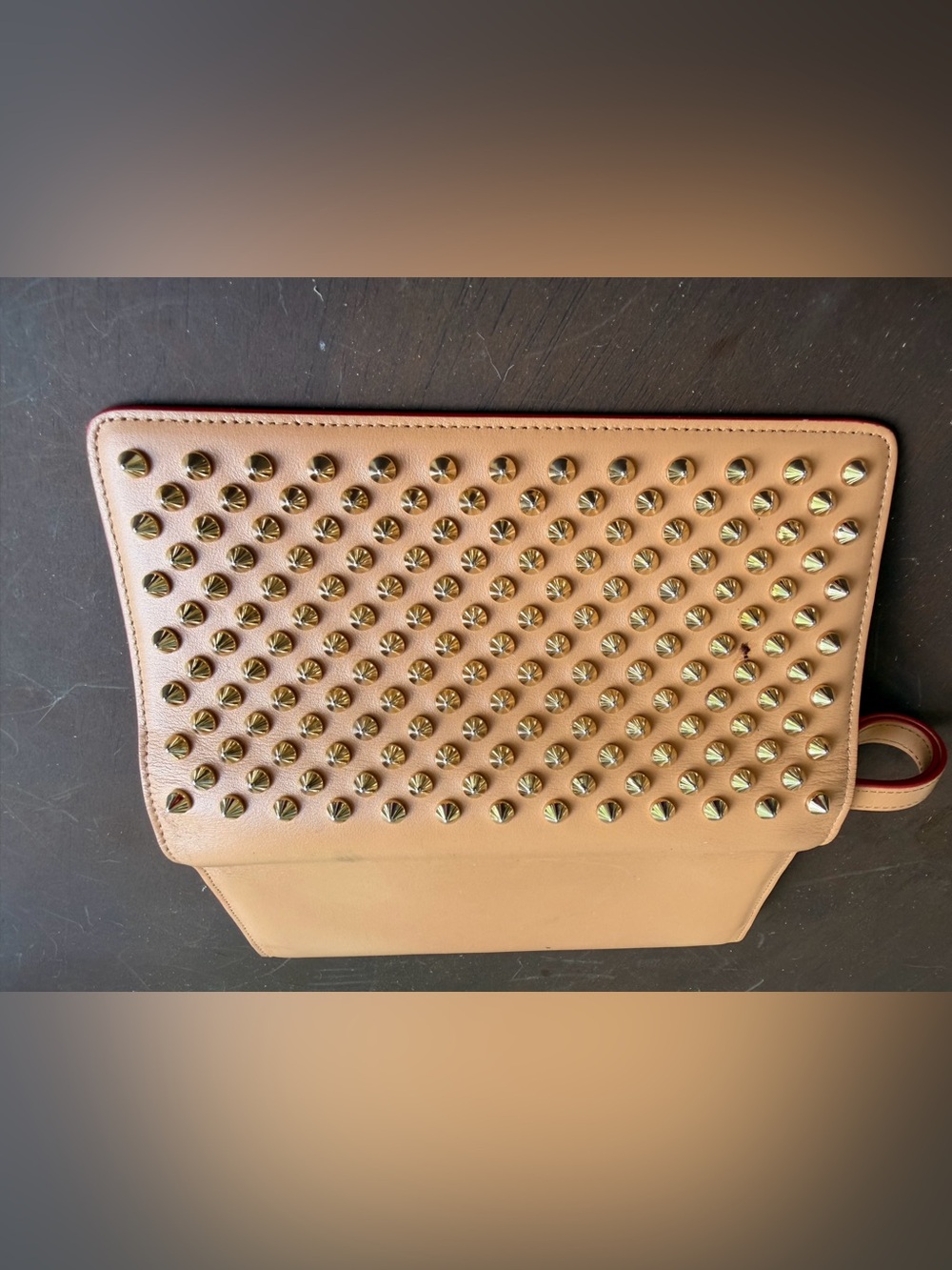 Christian Louboutin Beige Studded Leather Clutch with Gold Spikes